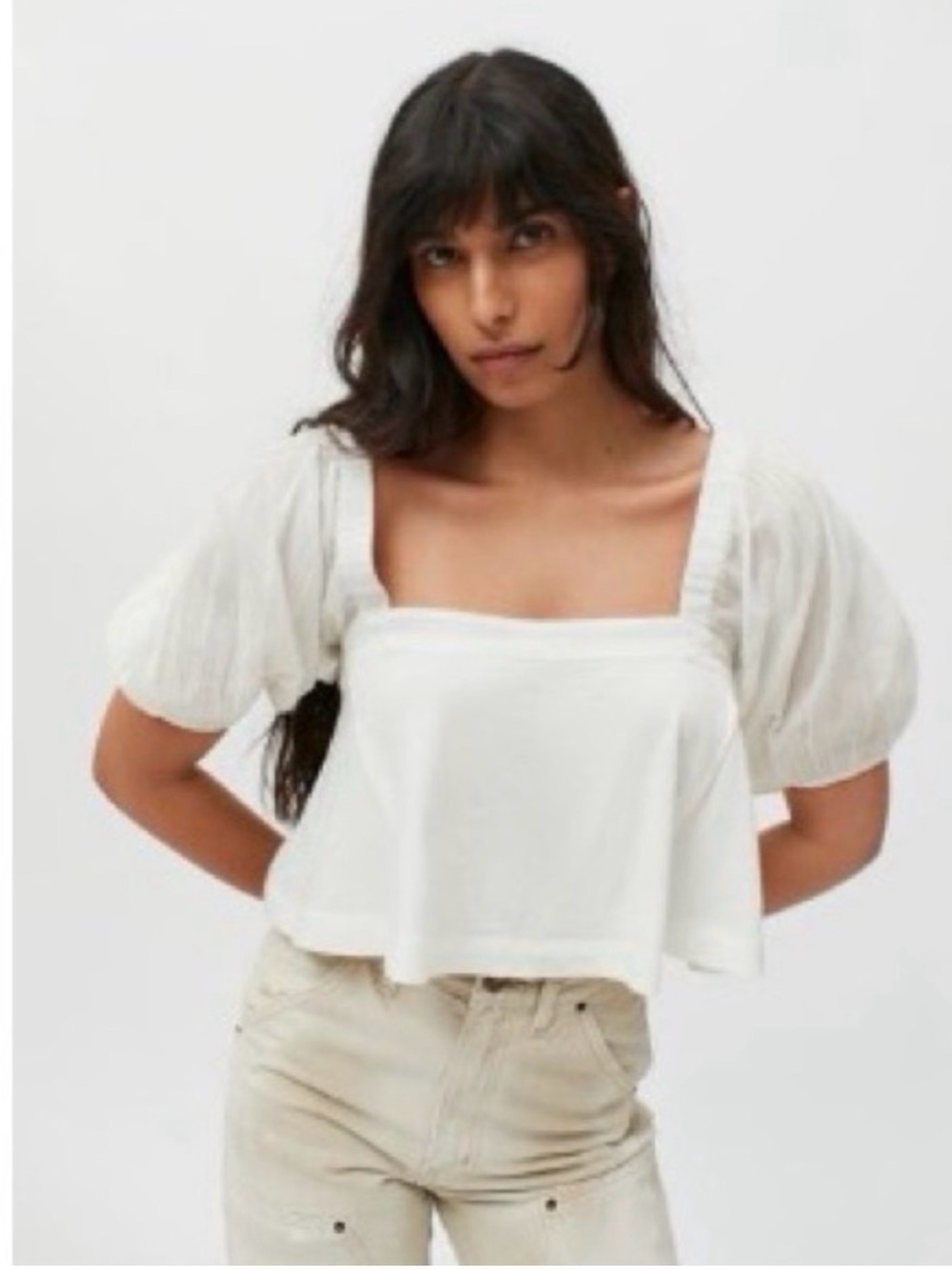 Urban Outfitters White Square-Neck Puff-Sleeve Crop Top